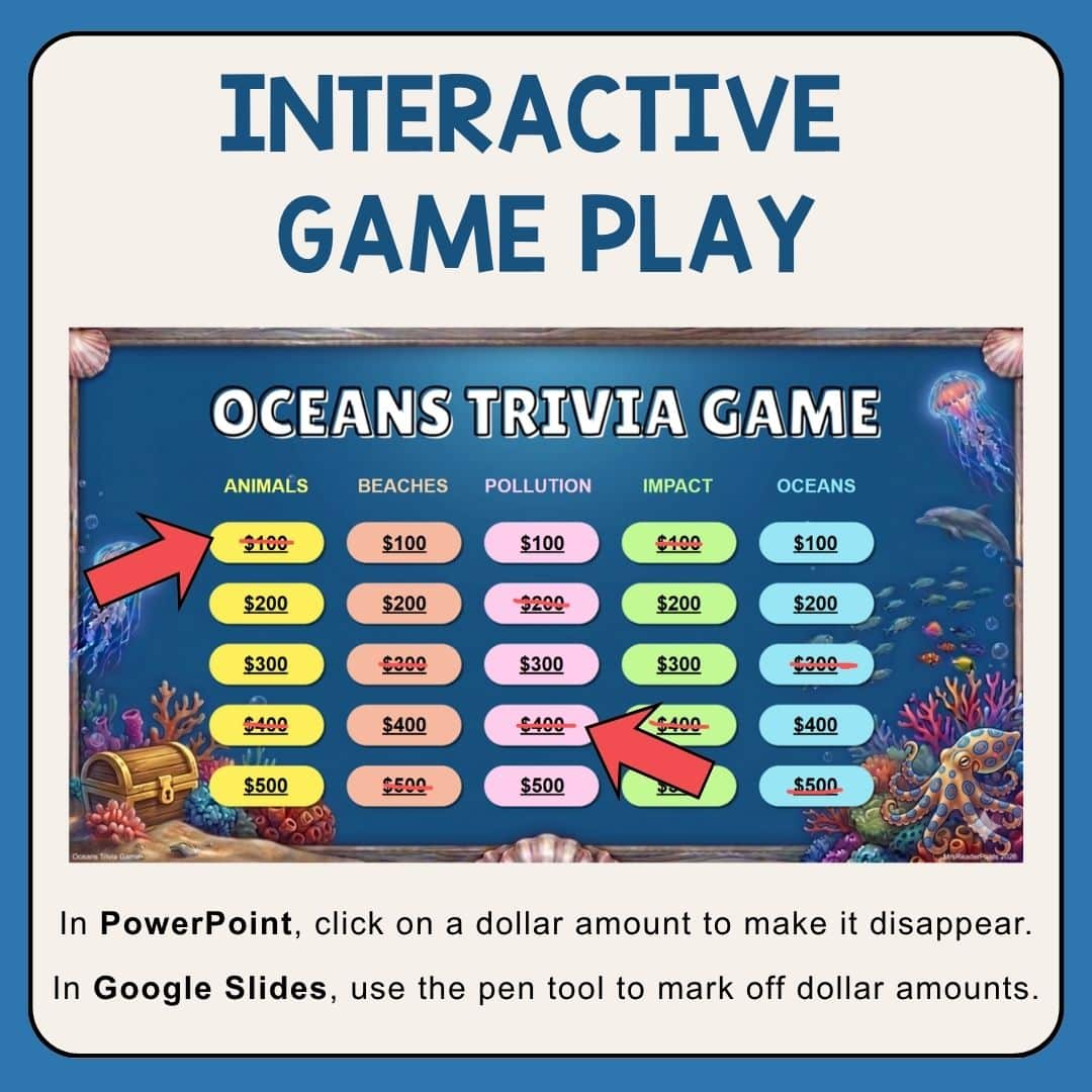 This interactive Oceans Trivia Game is perfect for Earth Day (April 22) or World Oceans Day (June 8). Includes 25 question and answers.