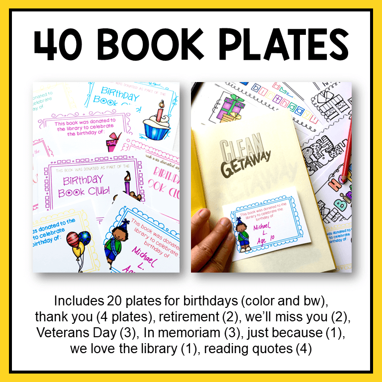 This is a Birthday Book Club Starter Kit. It contains 40 bookplates, bookmarks, tracker sheets, and more!