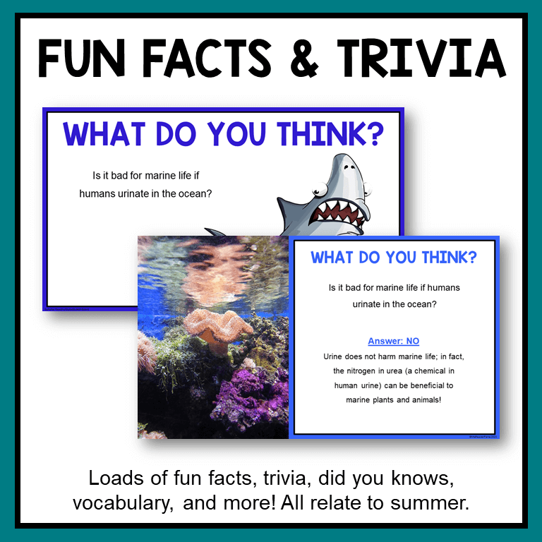 This Summer Reading Digital Bulletin Board includes fun facts, trivia, would-you-rathers, and more!