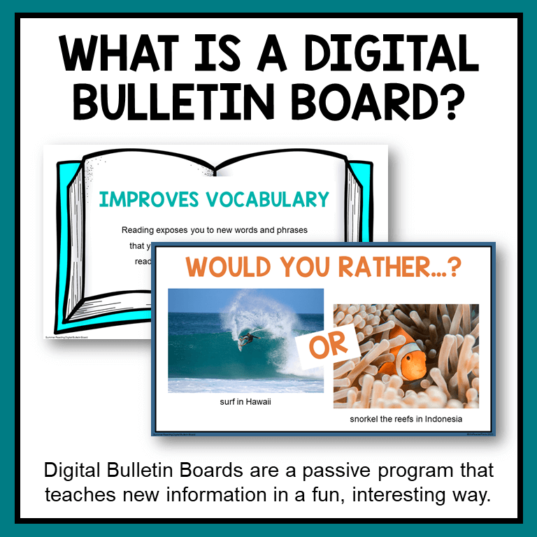 This Summer Reading Digital Bulletin Board is a scrolling slideshow of the benefits of summer reading, audiobooks, and fun summer facts.