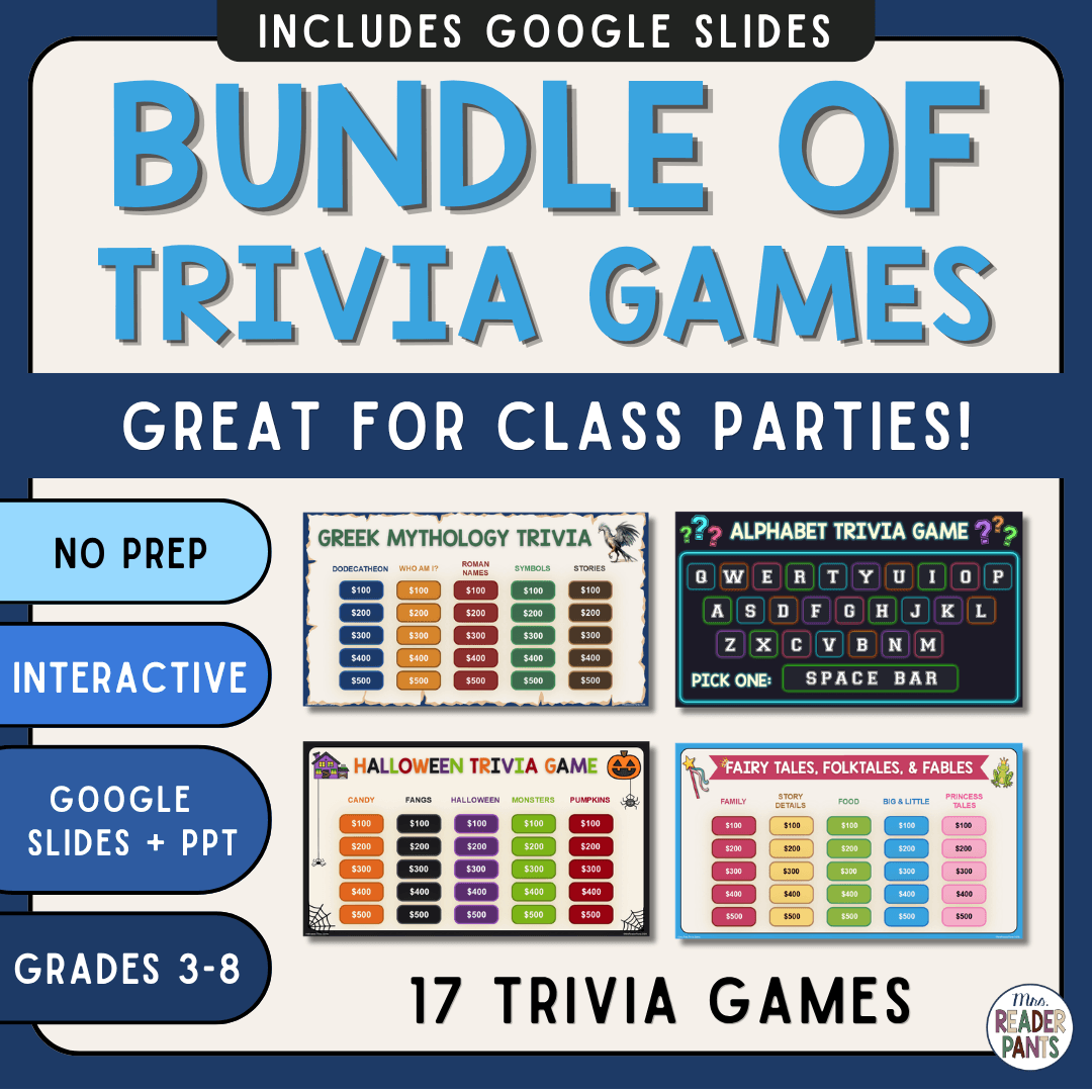 This Google Slides Game Bundle includes 17 editable trivia games for Grades 3-8. Play in PowerPoint or Google Slides.