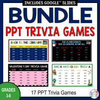 This is a giant bundle of my PowerPoint Trivia Games. It includes all 17 of my Trivia Games. Most games are for Grades 3-8. A few also work for younger grades.