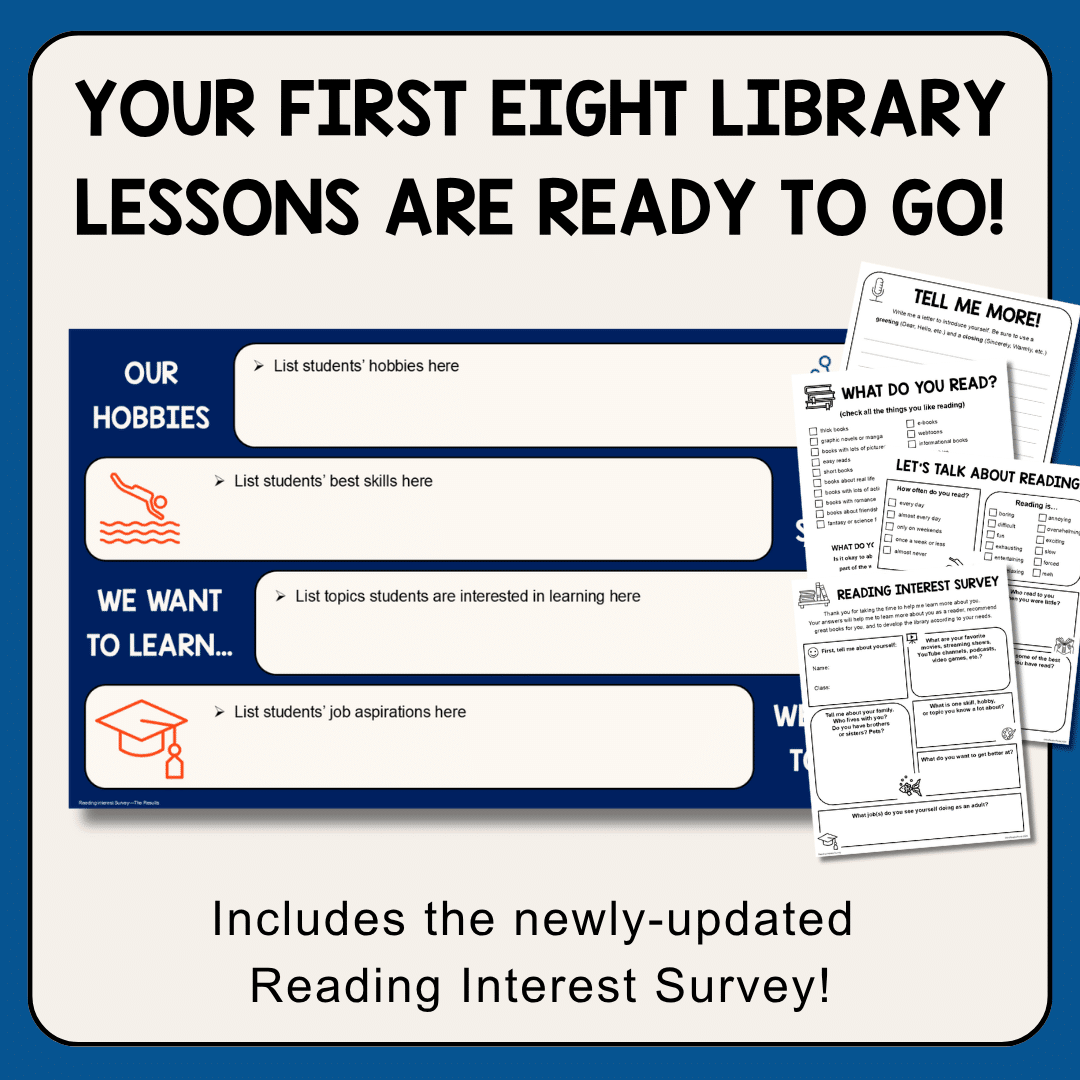 This Elementary Library Essentials Kit features Back to School library management materials, display posters, readalike bookmarks, reading challenges, library fundraisers, and your first 8 library lessons of the school year.