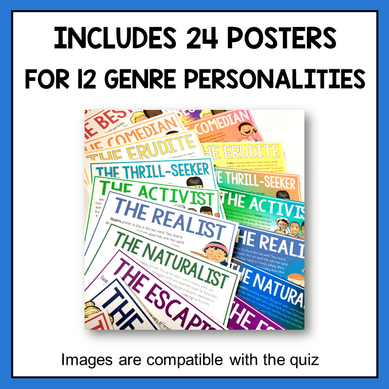 This Elementary Genre Personality Quiz Bundle includes the quiz pack and 24 Genre Personality posters. It includes 12 full-color and 12 printer-friendly posters.