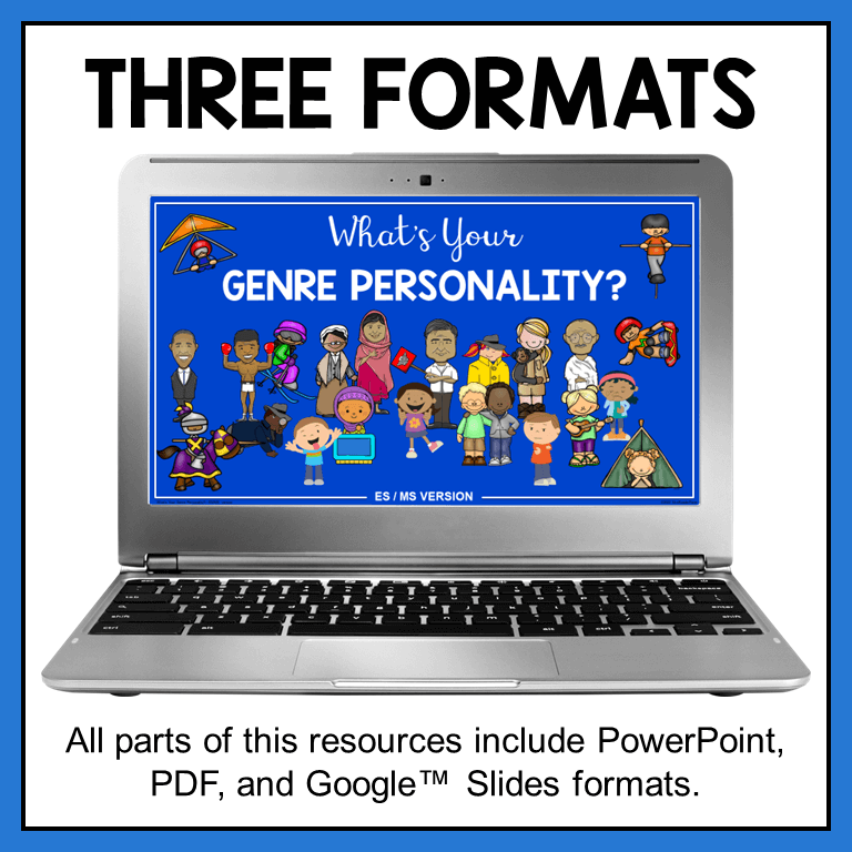 This Elementary Genre Personality Quiz Bundle includes the quiz pack and 24 Genre Personality posters. The quiz comes with three formats: PPT, Google, and PDF.