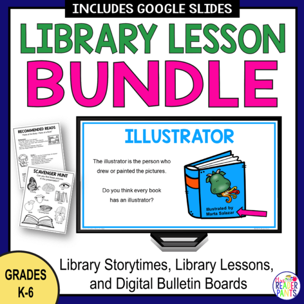 This Elementary Library Lesson Bundle is for Grades K-6. It includes 45 lessons and can easily be a full year of library lessons.
