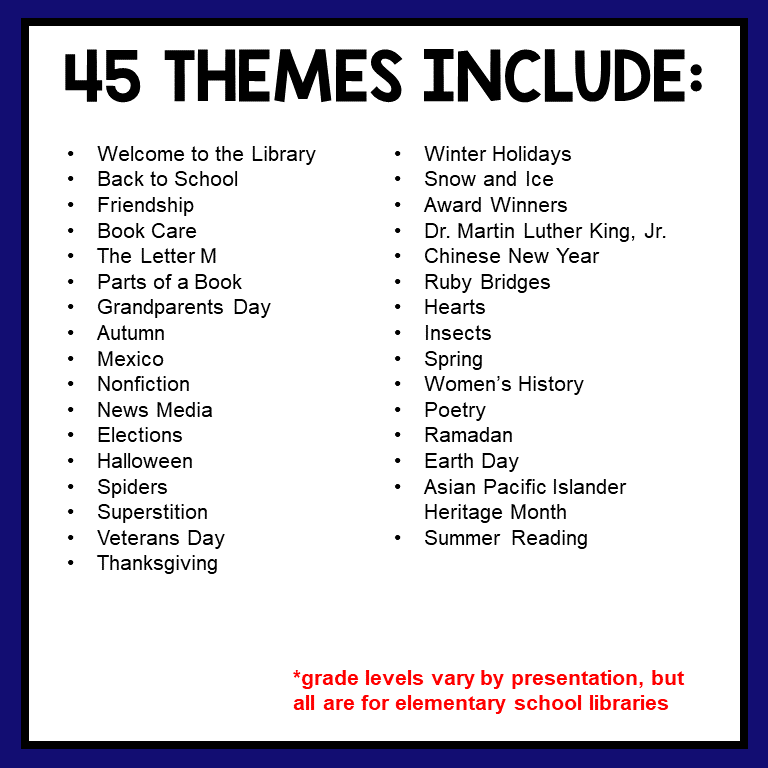 This Elementary Library Lesson Bundle includes 45 themes.