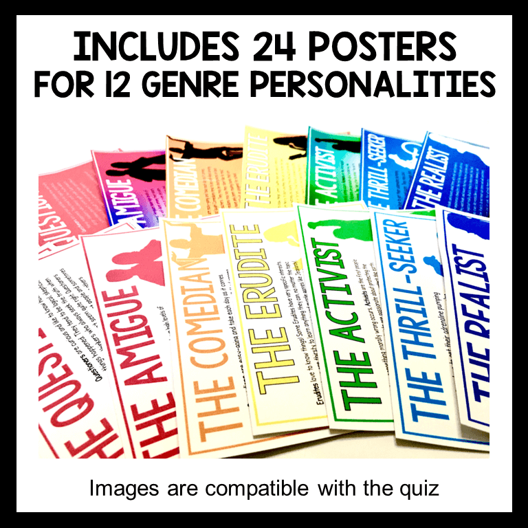 This is the quiz + posters bundle of the What's Your Genre Personality Quiz. It includes 12 full color and 12 printer-friendly posters.