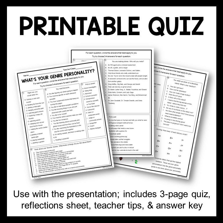 This is the quiz + posters bundle of the What's Your Genre Personality Quiz. It includes a printable quiz for students to record their answers on.
