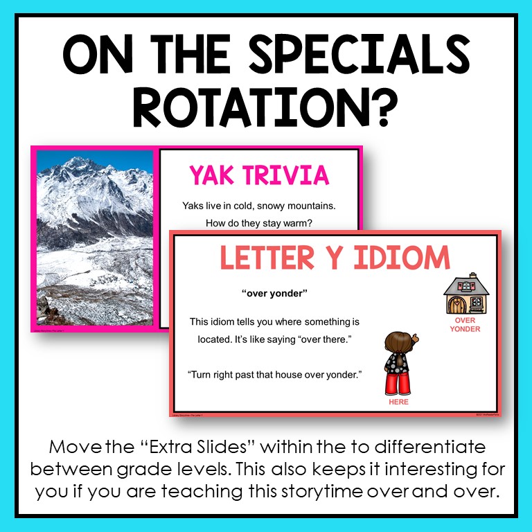 This is an Alphabet Storytime for Letter Y. It includes a presentation, scavenger hunt activity, and recommended reads.