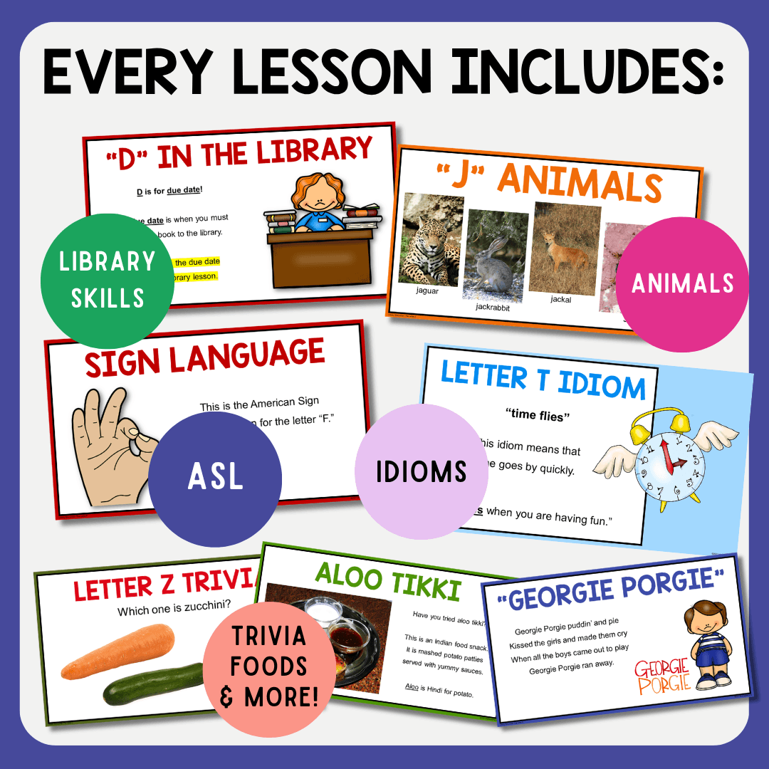 This Alphabet Storytime Bundle includes 26 lessons, one for each letter of the alphabet.