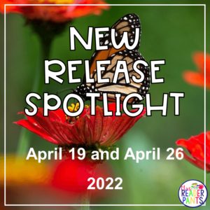 This is a photo of a butterfly on a red flower. The text reads New Release Spotlight for April 19 and April 26.