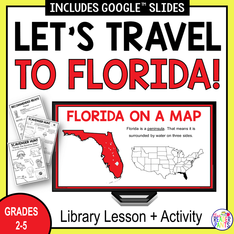 This Florida Library Lesson was made especially for elementary librarians on the Specials rotation. It's for Grades 2-5 and includes a lesson, two differentiated activities, Recommended Reads, and a pre-filled lesson plan aligned to TEKS, CCSS, and AASL.