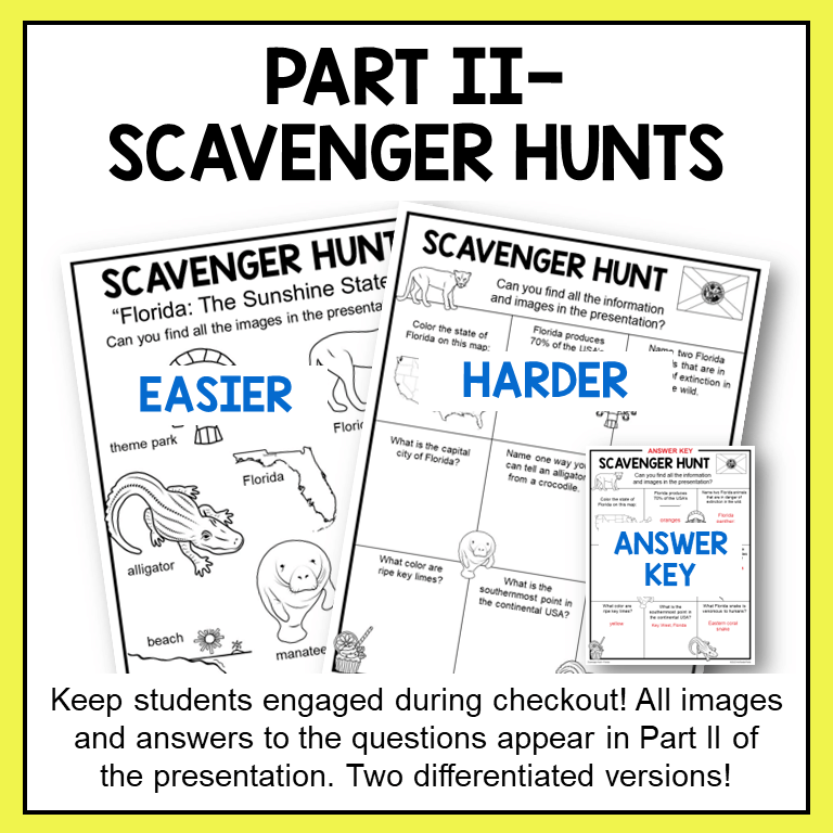This Florida Library Lesson includes two differentiated scavenger hunts. Use both with the scrolling slides (Part II of the presentation). Includes answer key.