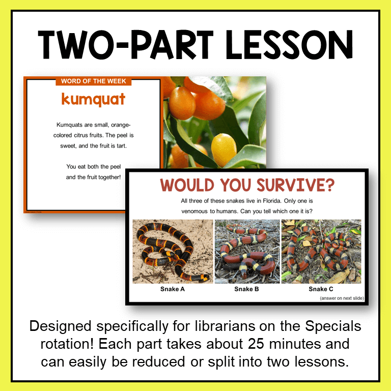 This Florida Library Lesson has two parts. The first part is a whole-class discussion of Florida state symbols. The second part is Scrolling Slides to be played on a timer during checkout. Part II accompanies the scavenger hunt activities.