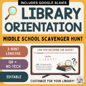 This Library Orientation Scavenger Hunt is the perfect back to school library activity. Created for Grades 6-9, Includes QR Code versions and No-Tech versions of three different hunts.