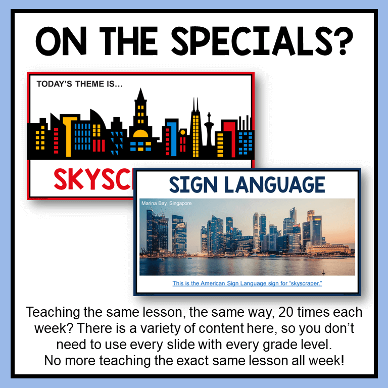This Skyscrapers Library Lesson is great for specials rotation librarians. There are two parts that can be taught together (50 min) or separately (25 min each).