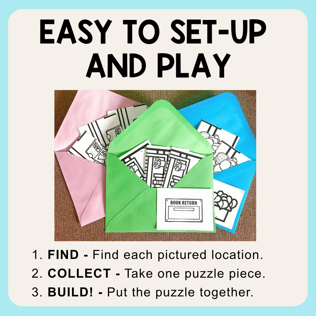 This K-2 Library Orientation Scavenger Hunt is perfect for the first day of library time! It gets students exploring the library and working together in small groups to build a simple puzzle. It's 100% customizable for your library - just pick from the 55 movable icons and type your locations on the scavenger hunt grid.