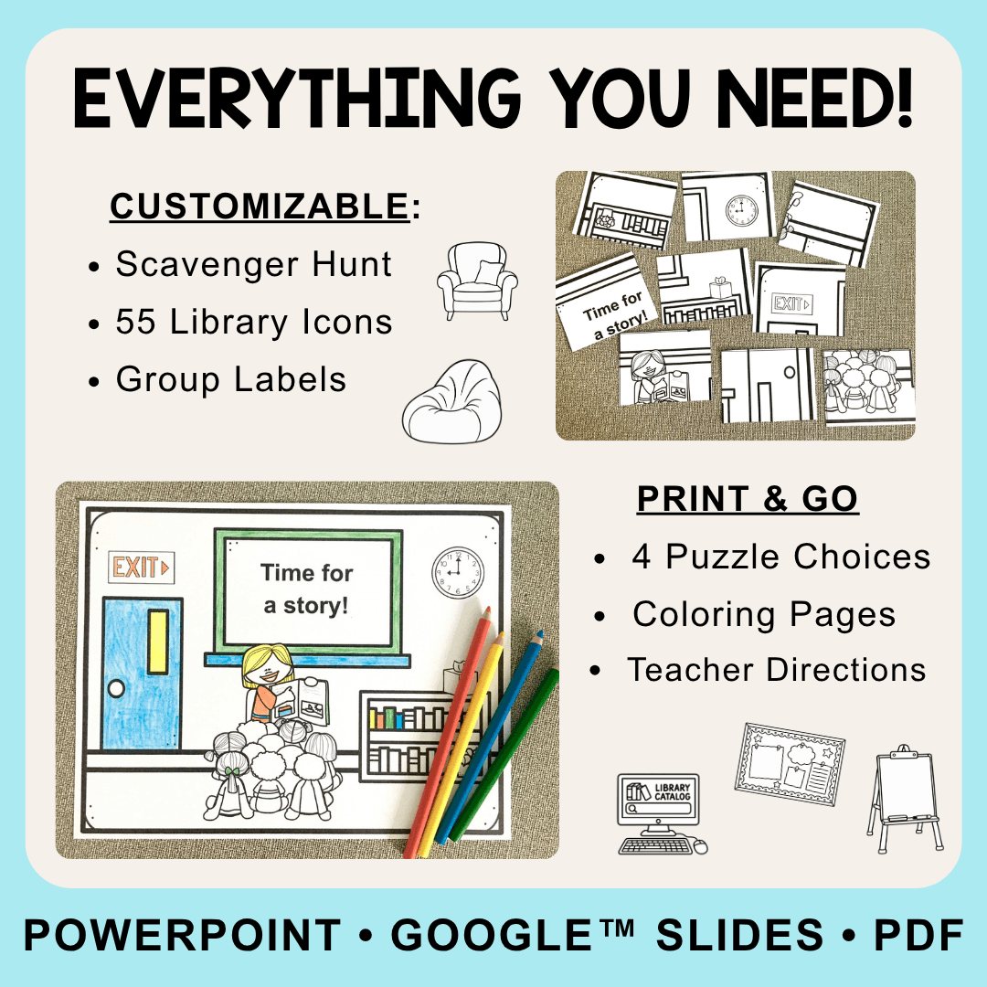 This K-2 Library Orientation Scavenger Hunt is perfect for the first day of library time! It gets students exploring the library and working together in small groups to build a simple puzzle. It's 100% customizable for your library - just pick from the 55 movable icons and type your locations on the scavenger hunt grid.