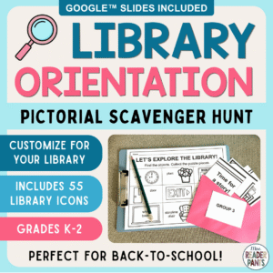 This K-2 Library Orientation Scavenger Hunt is perfect for the first day of library time! It gets students exploring the library and working together in small groups to build a simple puzzle. It's 100% customizable for your library - just pick from the 55 movable icons and type your locations on the scavenger hunt grid.