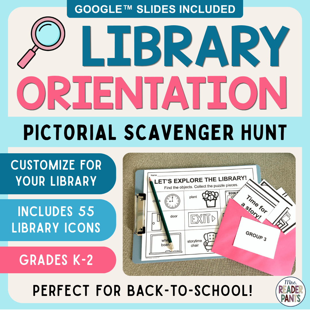 This K-2 Library Orientation Scavenger Hunt is perfect for the first day of library time! It gets students exploring the library and working together in small groups to build a simple puzzle. It's 100% customizable for your library - just pick from the 55 movable icons and type your locations on the scavenger hunt grid.