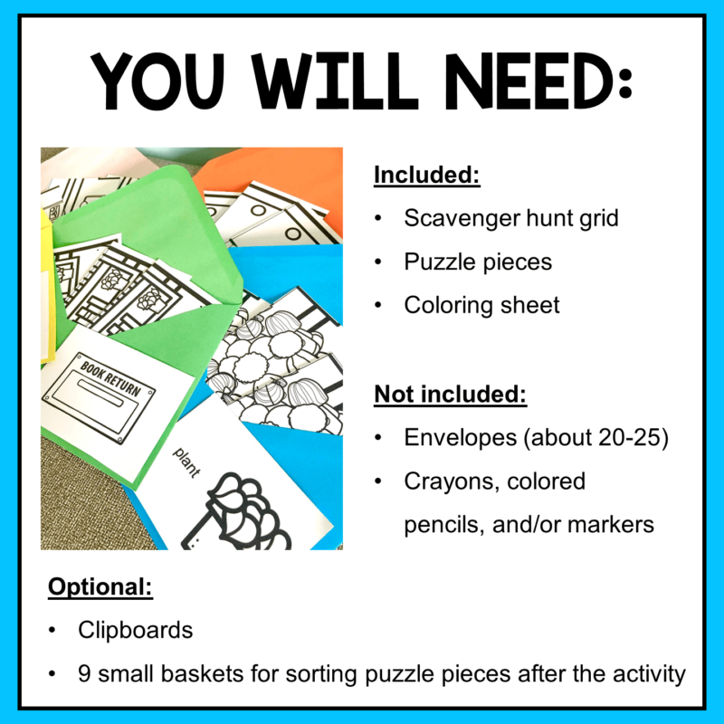 This Library Orientation Scavenger Hunt activity for K-2 includes a scavenger hunt grid, puzzle pieces in both BW and color, labels, and a coloring sheet of the finished puzzle.