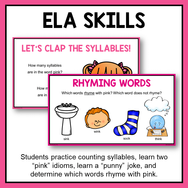 This Pink Library Storytime Lesson practices ELA skills like rhyming, counting syllables, and vocabulary.