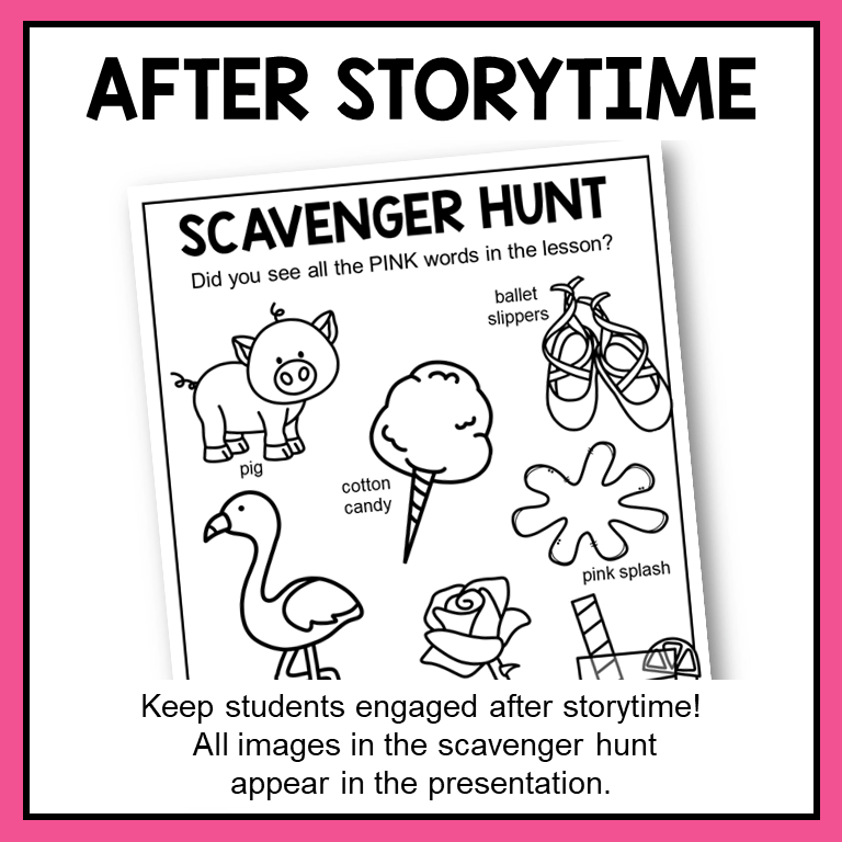 This Pink Library Storytime Lesson includes a coloring sheet scavenger hunt activity. This is great for after checkout.