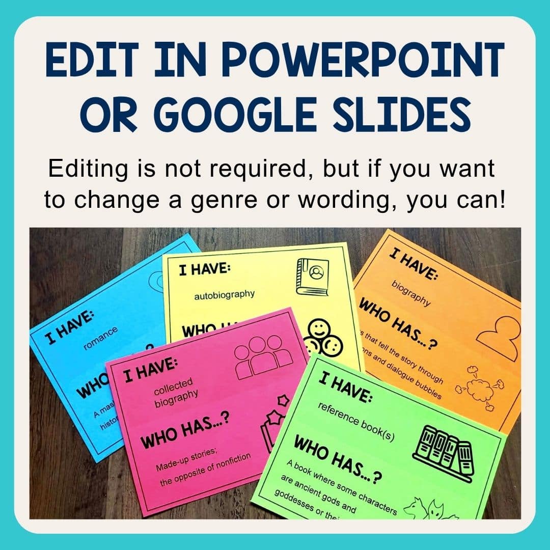 This set of 32 I Have Who Has Genre Review cards is easy to prep, printer-friendly, and so much fun!