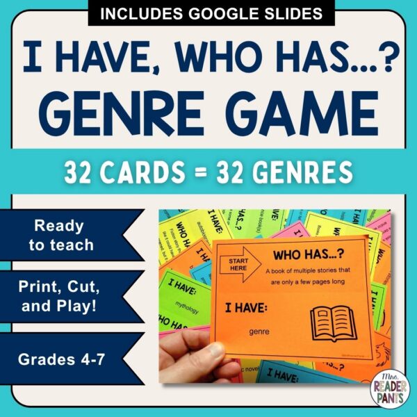 This set of 32 I Have Who Has Genre Review cards is easy to prep, printer-friendly, and so much fun!
