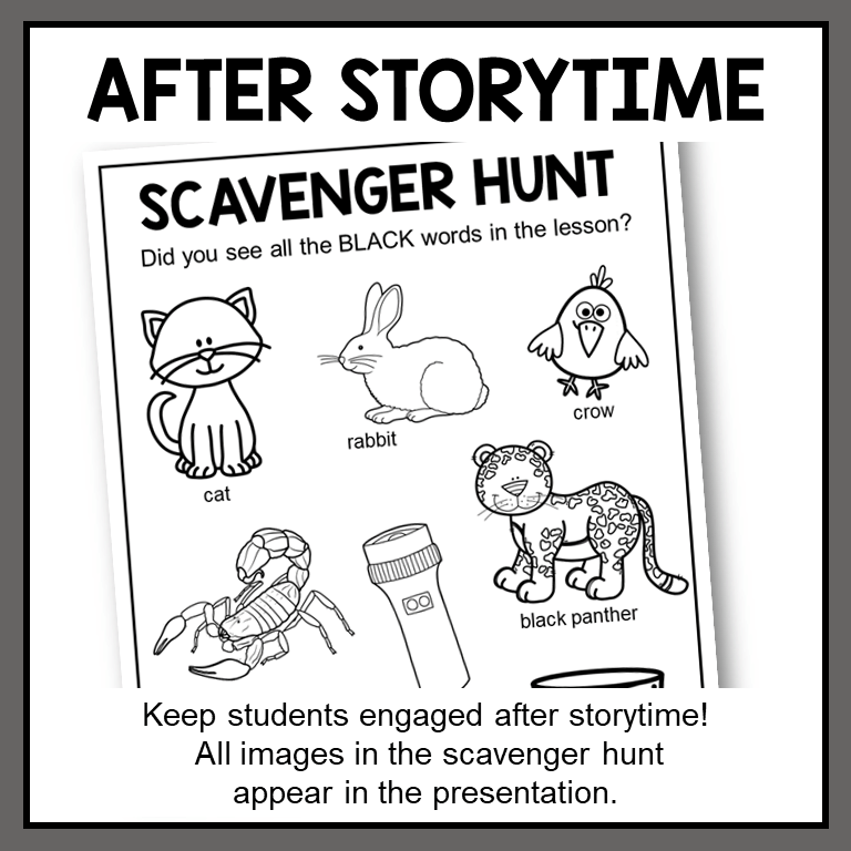 This Black Color Library Storytime includes a scavenger hunt activity.