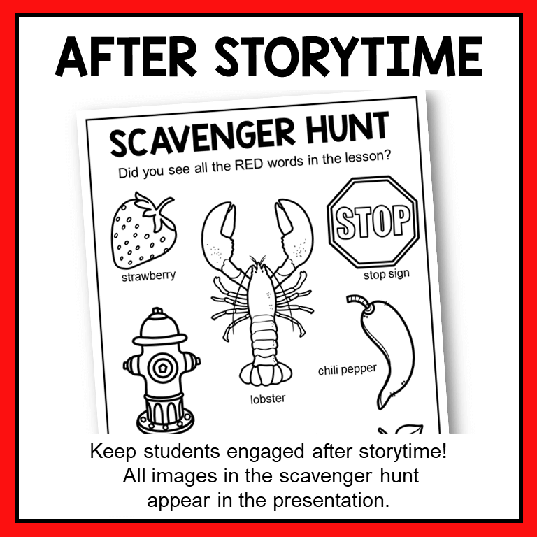 This Color Red Library Storytime includes a scavenger hunt activity for after storytime.