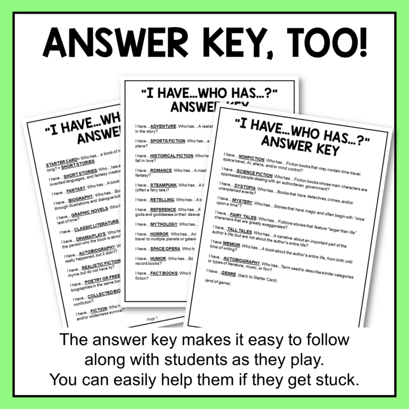 This I Have Who Has Genre Review Game includes an answer key, so you can follow along and help students if they get stuck.