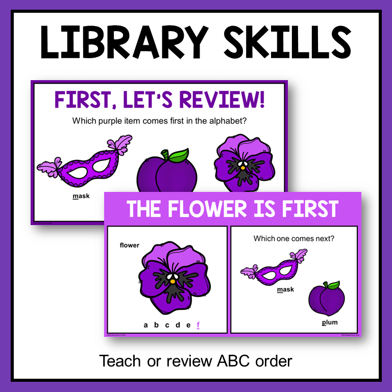 This Purple Color Library Storytime includes the library skill of ABC order, either for review or teaching for the first time.