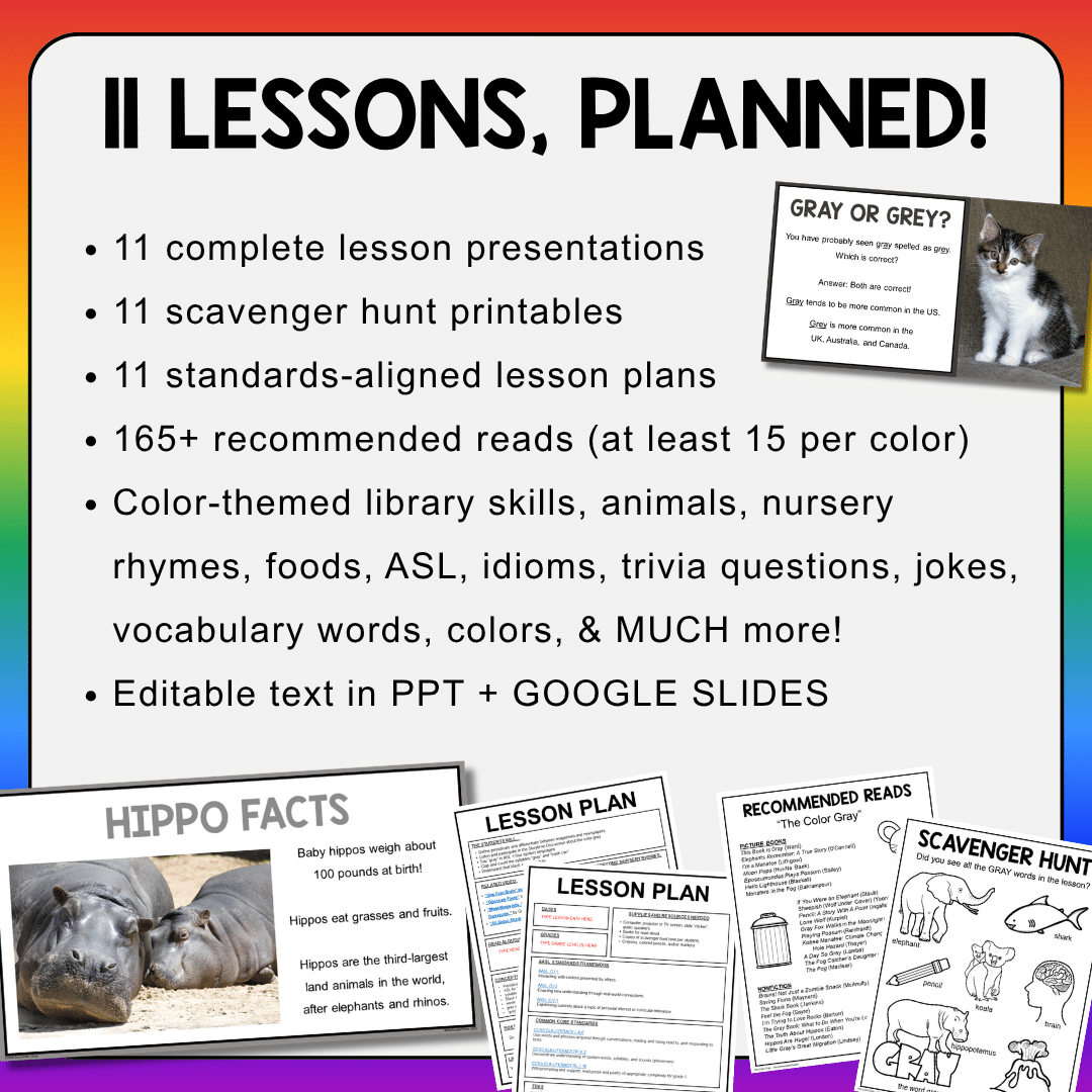 This Color Storytime Bundle includes all 11 of my Color Storytime library lessons for PreK-Grade 1.