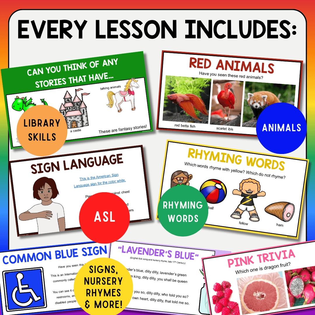This Color Storytime Bundle includes all 11 of my Color Storytime library lessons for PreK-Grade 1.