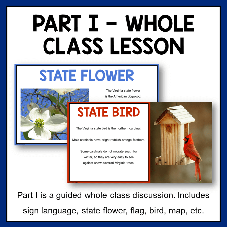This Virginia Library Lesson includes two parts. Part 1 is a whole-class discussion about Virginia symbols and places of interest. Part 2 is a scrolling slideshow of fun facts, trivia questions, would-you-rathers, and vocabulary words about Virginia.