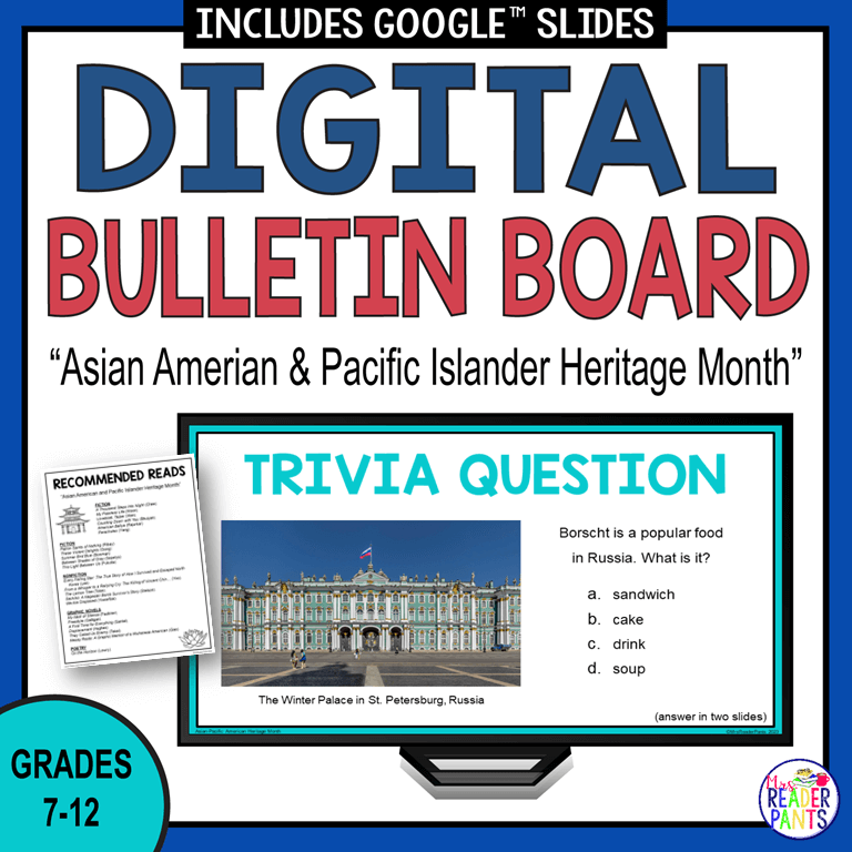 This Digital Bulletin Board features Asian and Pacific Island countries and people. Perfect for Asian American and Pacific Islander Heritage Month.