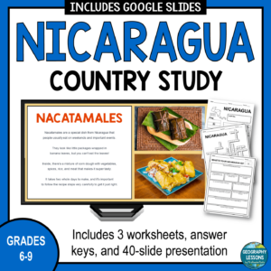 This Nicaragua Country Study is for students in Grades 6-9. This resource is for World Geography classes and not designed for school libraries. Editable in three formats: PDF, Google Slides, and PowerPoint.