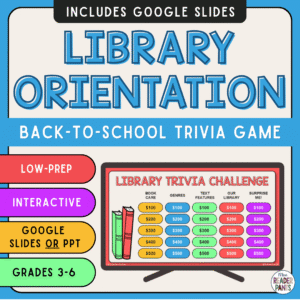 This Library Orientation Trivia Game is perfect for back to school in the elementary library. Recommended for Grades 3-6. Play in PowerPoint or Google Slides.