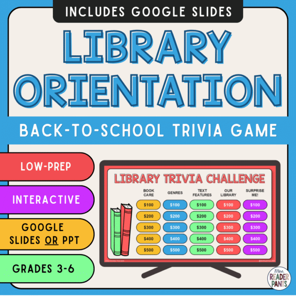This Library Orientation Trivia Game is perfect for back to school in the elementary library. Recommended for Grades 3-6. Play in PowerPoint or Google Slides.