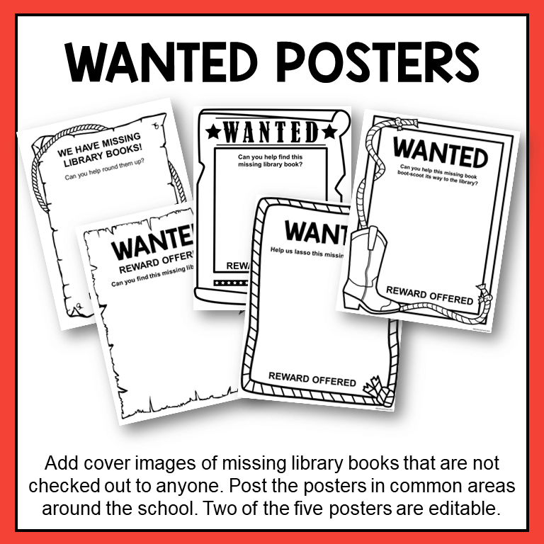 This Library Book Return Incentive for the end of the year includes 5 Wanted Posters. Add the missing book covers and hang up in student common areas.