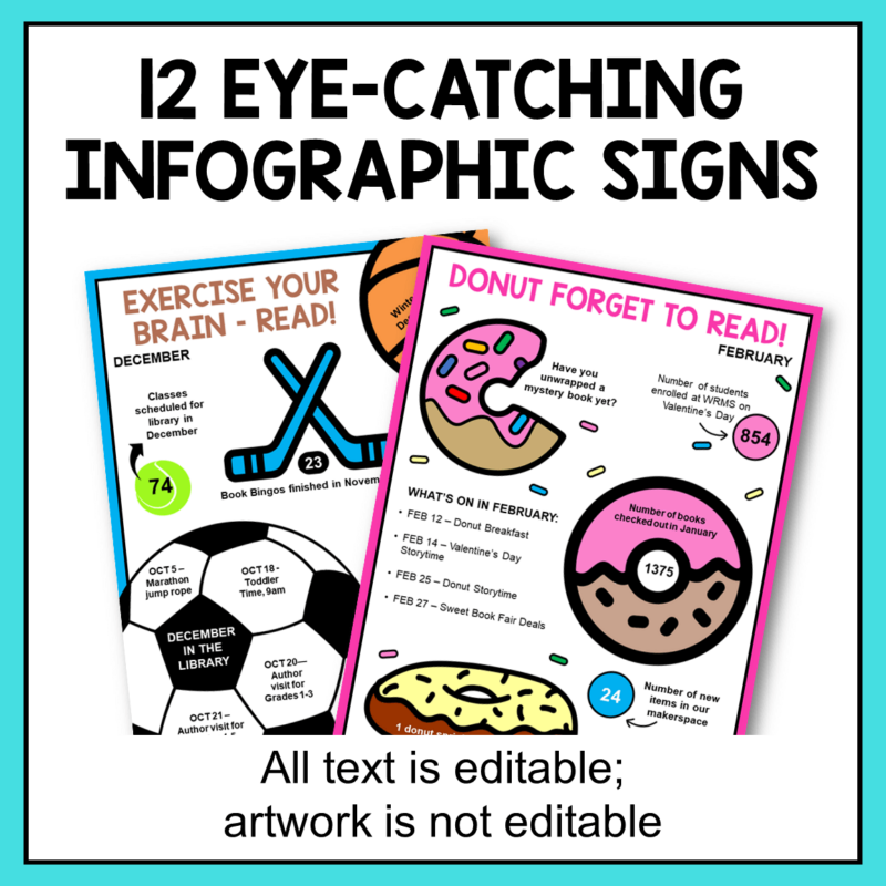 This is Library Infographics Set 3. It includes 12 eye-catching infographic signs. All text and arrows are editable.