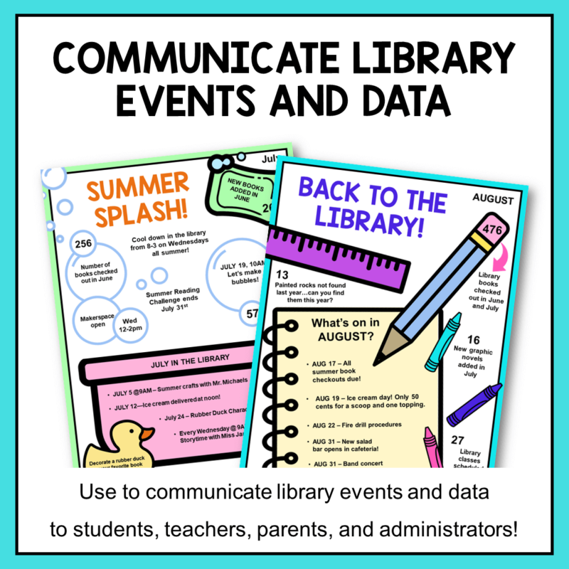 This is Library Infographics Set 3. It works for all grade levels and public libraries. A great way to communicate library events and show off library statistics.