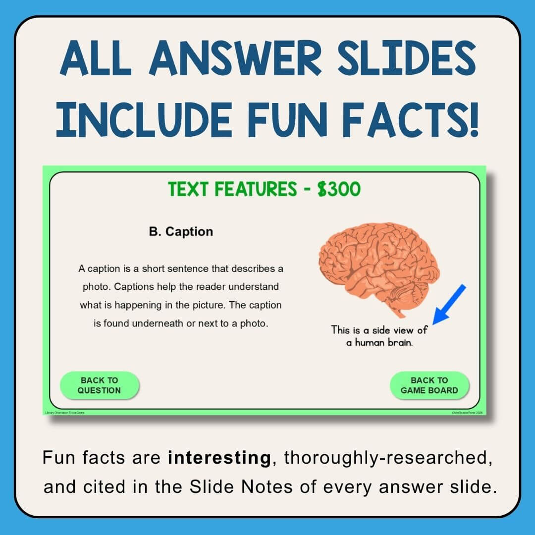 This Library Orientation Trivia Game is perfect for back to school in the elementary library. Recommended for Grades 3-6. Play in PowerPoint or Google Slides.