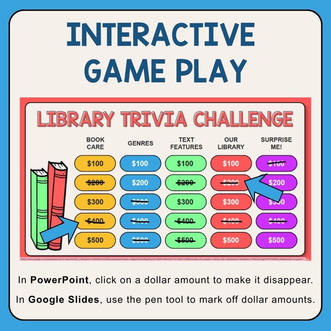 This Library Orientation Trivia Game is perfect for back to school in the elementary library. Recommended for Grades 3-6. Play in PowerPoint or Google Slides.