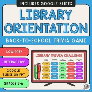 This Library Orientation Trivia Game is perfect for back to school in the elementary library. Recommended for Grades 3-6. Play in PowerPoint or Google Slides.
