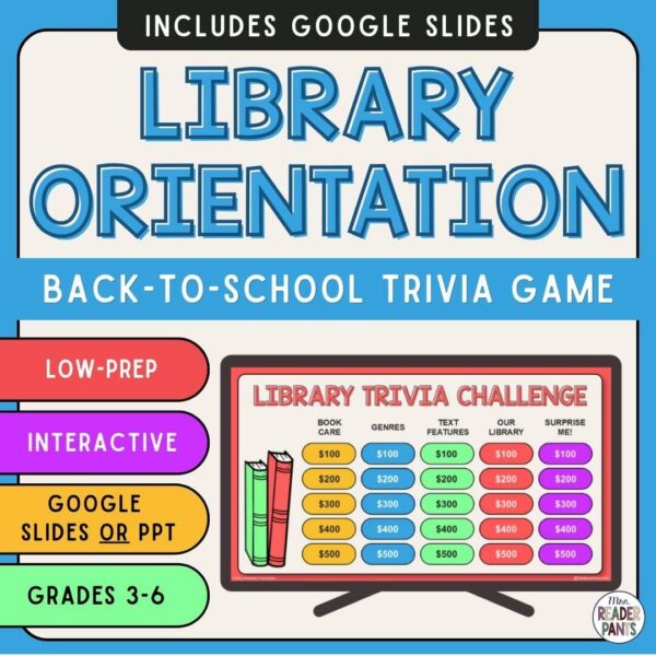 This Library Orientation Trivia Game is perfect for back to school in the elementary library. Recommended for Grades 3-6. Play in PowerPoint or Google Slides.