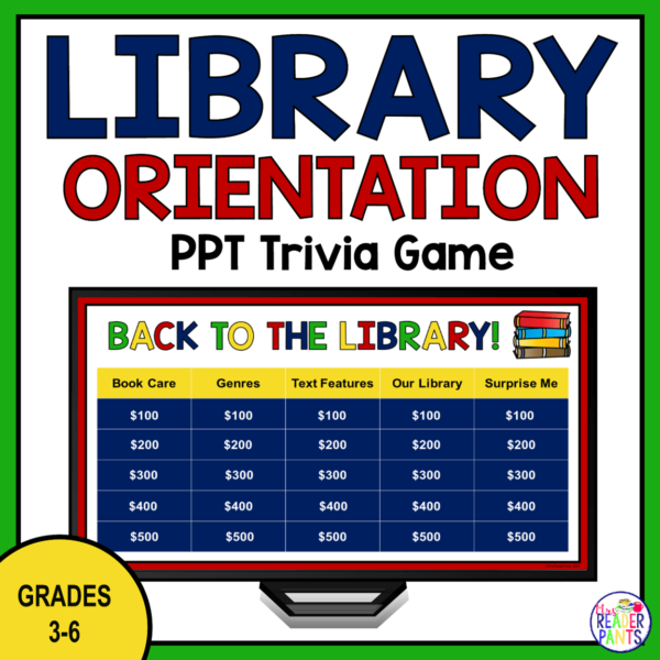 This Library Orientation Trivia Game is perfect for back to school in the elementary library. Recommended for Grades 3-6.