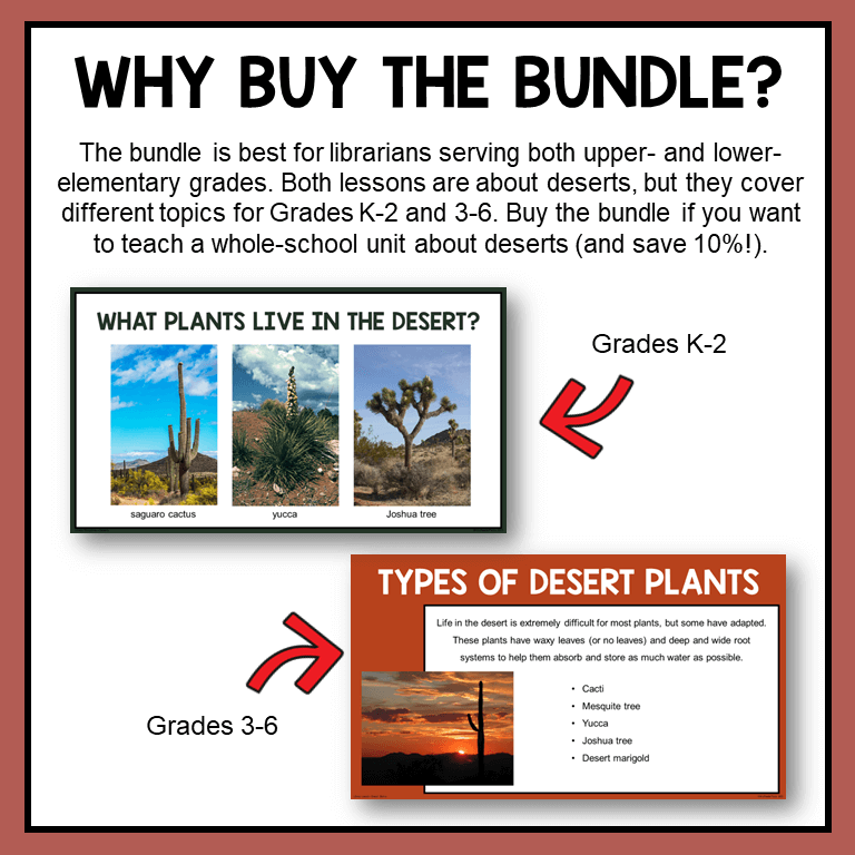 This Desert Biome Library Bundle is great for elementary librarians serving Grades K-6. If you are doing a whole-school unit on deserts (and want to save 10%), this is the bundle you are looking for!